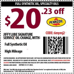 Oil Change Coupons, Synthetics & High Mileage | Indiana Jiffy Lube